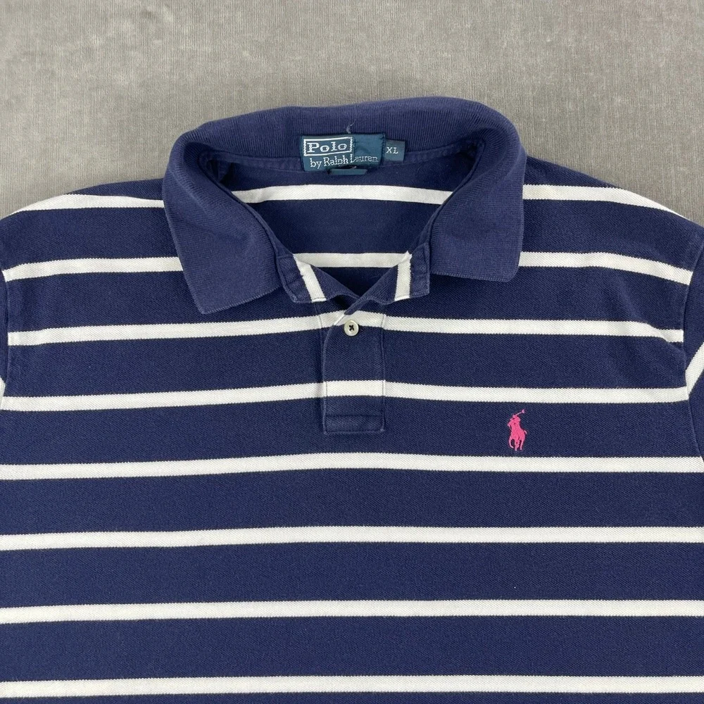 Polo Ralph Lauren Mens XL Navy Blue Striped Short Sleeve Polo Pink Pony Logo